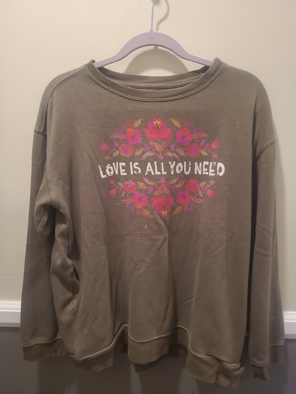 Natural Life Love Is All You Need Womens Oversized Sweater Olive Medium FLAW